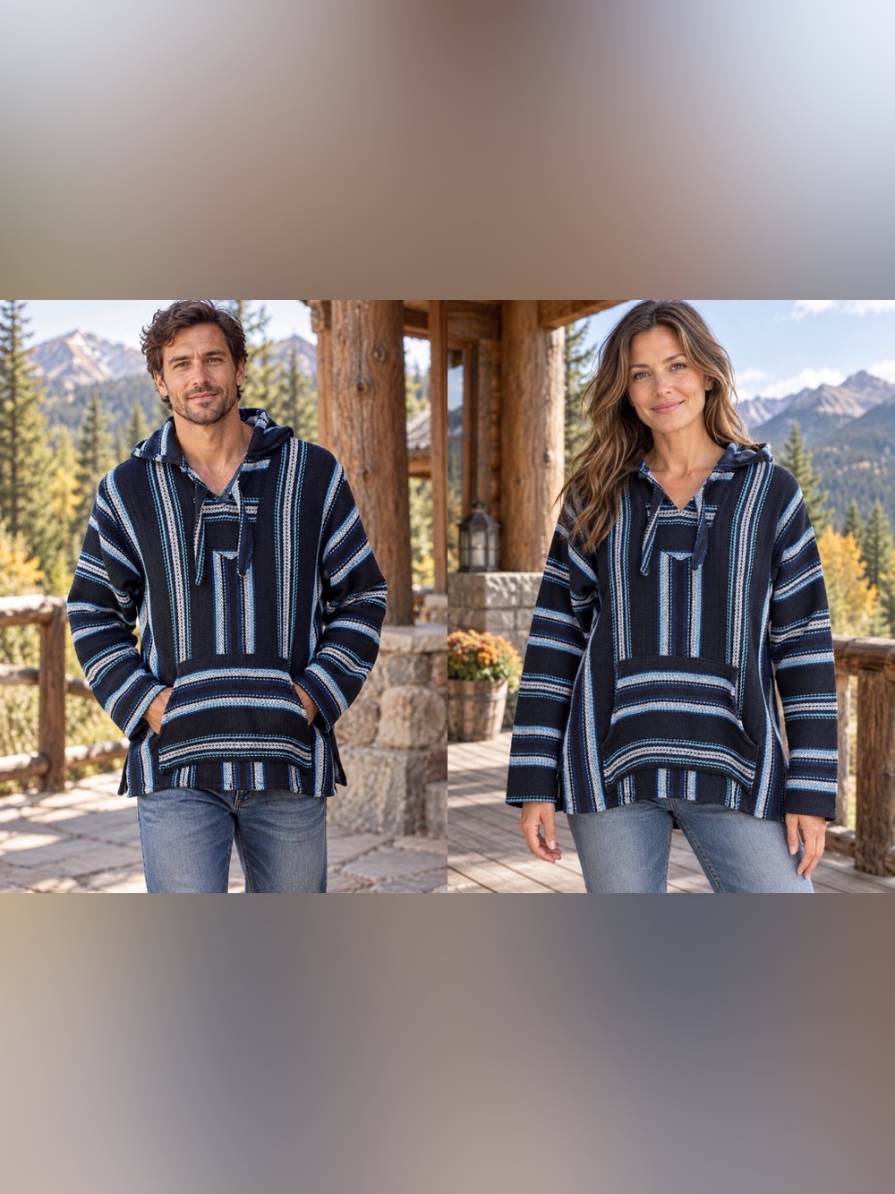 Original Señor Lopez Baja Hoodie Large Navy Blue Striped Pullover